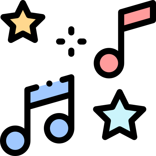 Colorful musical notes and stars.