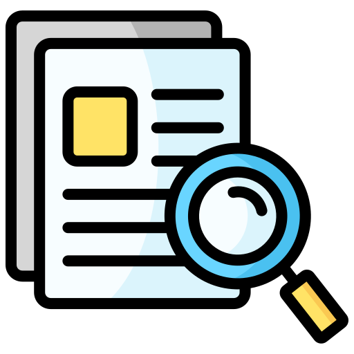 A stack of papers and magnifying glass.